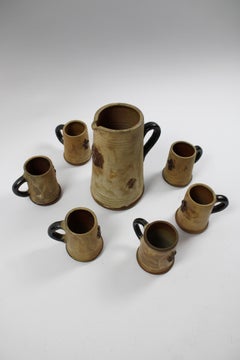 Art Deco Salt glazed Stoneware Pitcher & 6 Tankers Signed Guerin Belgium 1930's