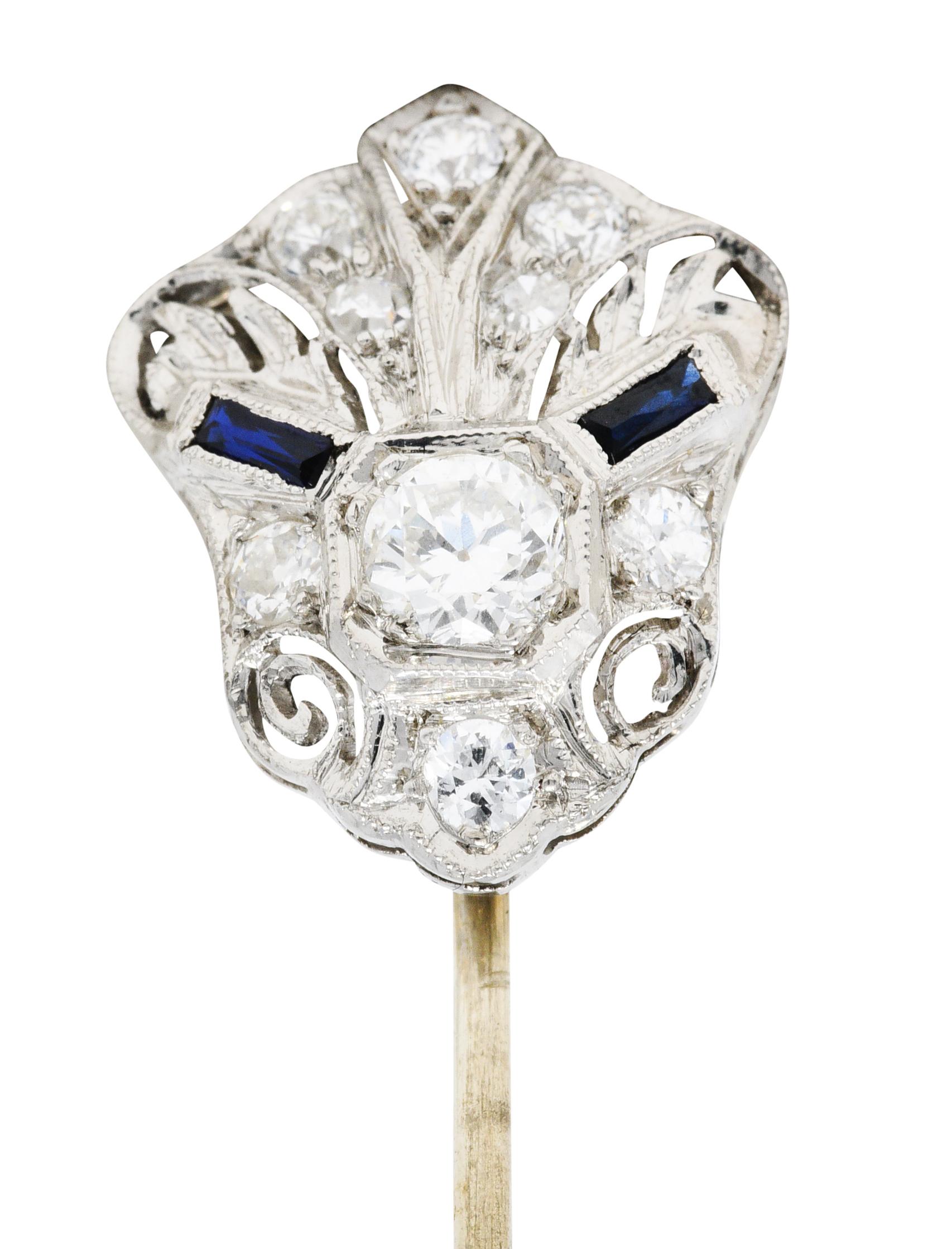 Art Deco Sapphire 0.57 Carat Diamond Platinum Cartouche Stickpin In Excellent Condition In Philadelphia, PA