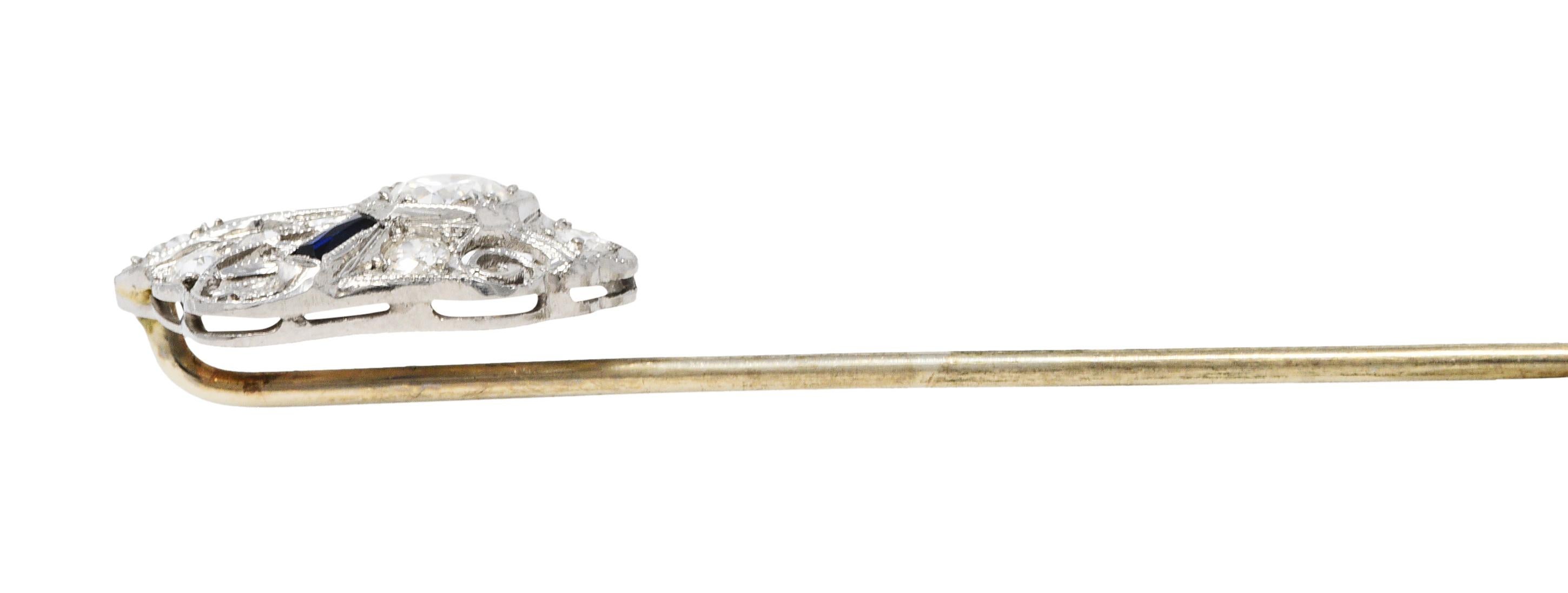 Women's or Men's Art Deco Sapphire 0.57 Carat Diamond Platinum Cartouche Stickpin