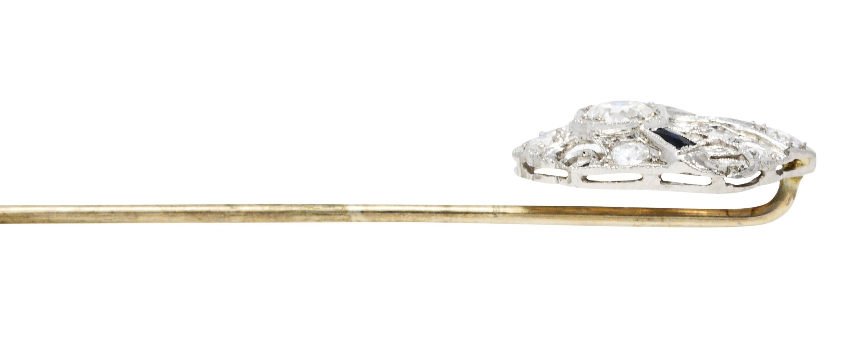 Art Deco Sapphire 0.57 Carat Diamond Platinum Cartouche Stickpin 1
