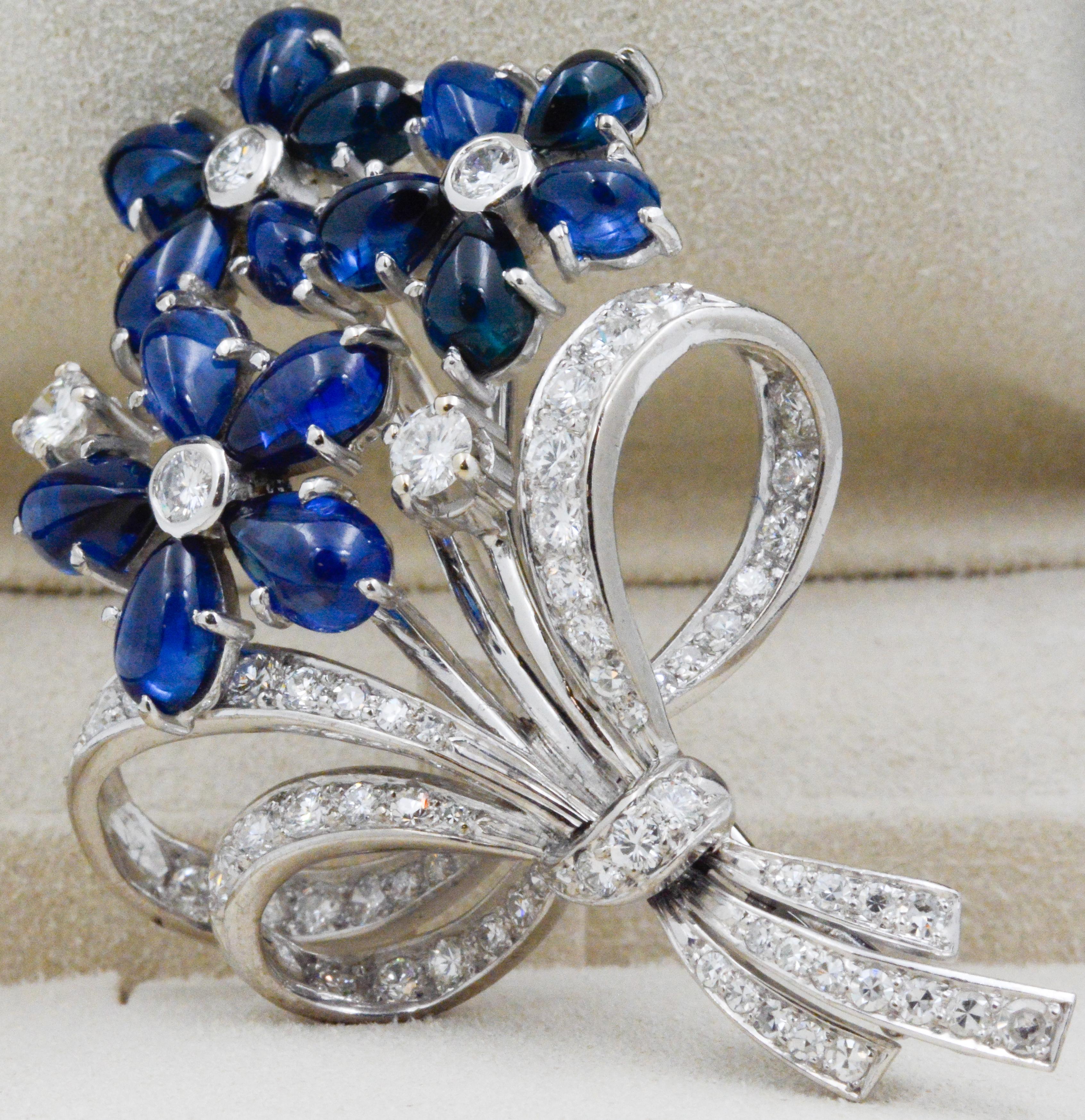 Art Deco Sapphire, 2.50 Carat Diamonds 18 Karat White Gold Bouquet Pin In Excellent Condition In Dallas, TX
