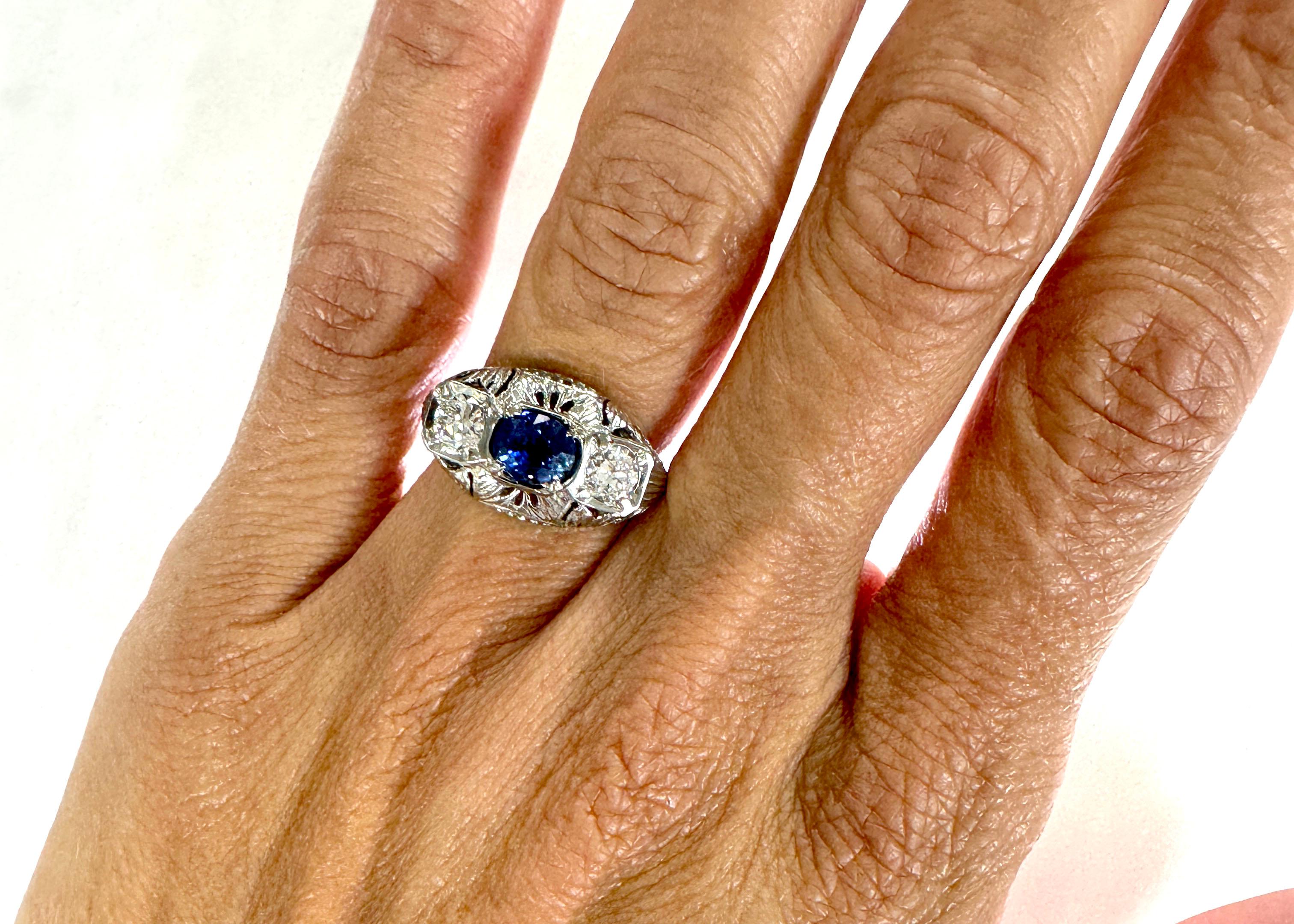 Art Deco Sapphire 3 Stone Ring Sri Lanka Sapphire Mined Diamond 1.58ct GIA 1920s For Sale 6