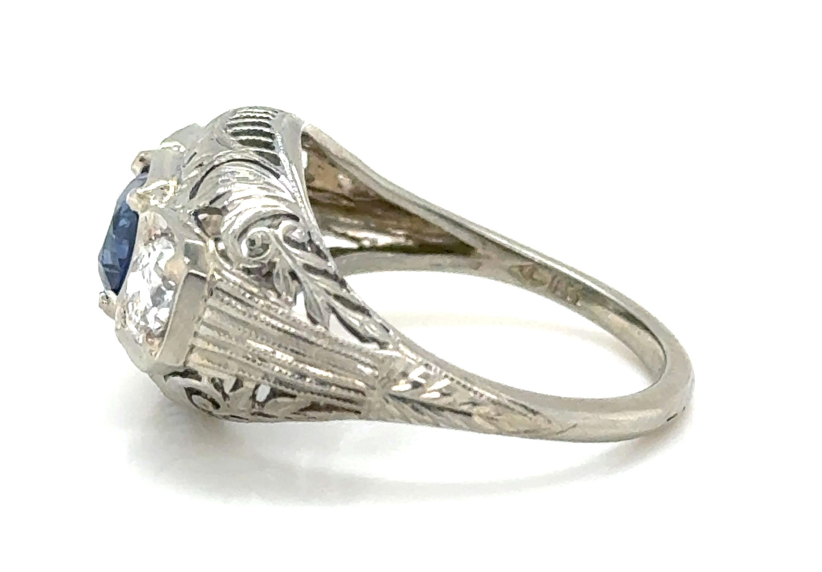 Art Deco Sapphire 3 Stone Ring Sri Lanka Sapphire Mined Diamond 1.58ct GIA 1920s For Sale 3