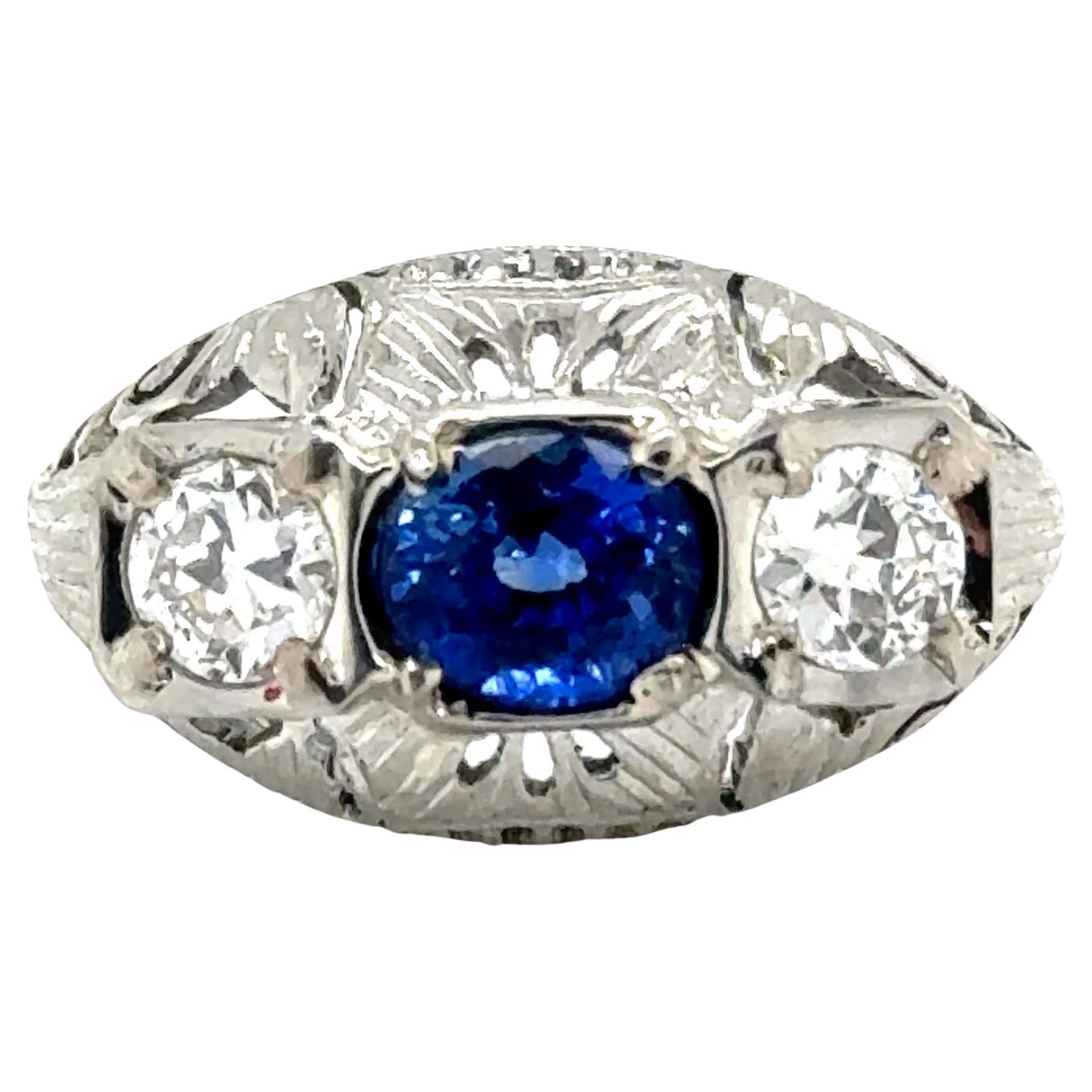 Art Deco Sapphire 3 Stone Ring Sri Lanka Sapphire Mined Diamond 1.58ct GIA 1920s