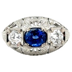 Art Deco Saphir 3 Stein Ring Sri Lanka Saphir Mined Diamant 1,58 Karat GIA 1920er Jahre