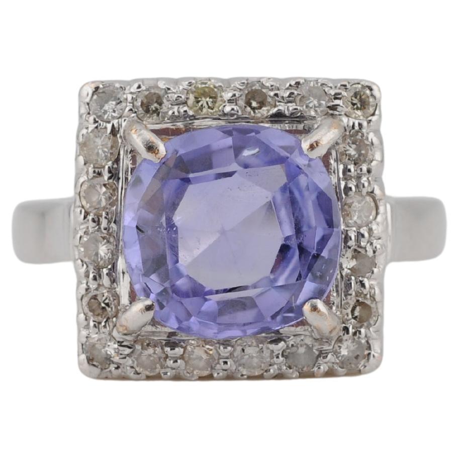 Anello Art Deco con zaffiro 3,86ct senza calore in oro bianco 18 carati