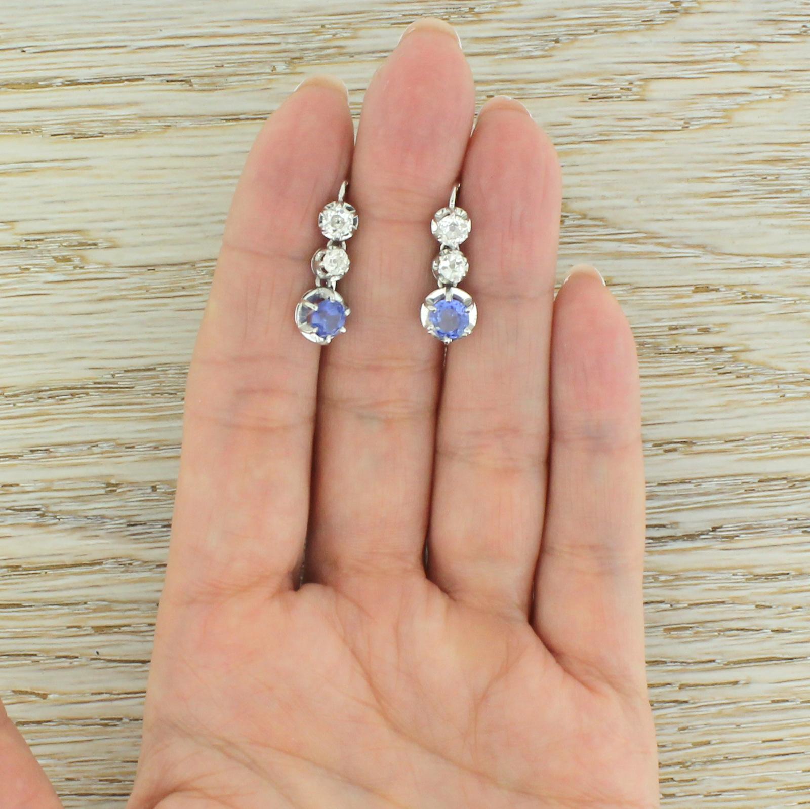 Art Deco Sapphire and Carat Old Cut Diamond Drop Earrings 1