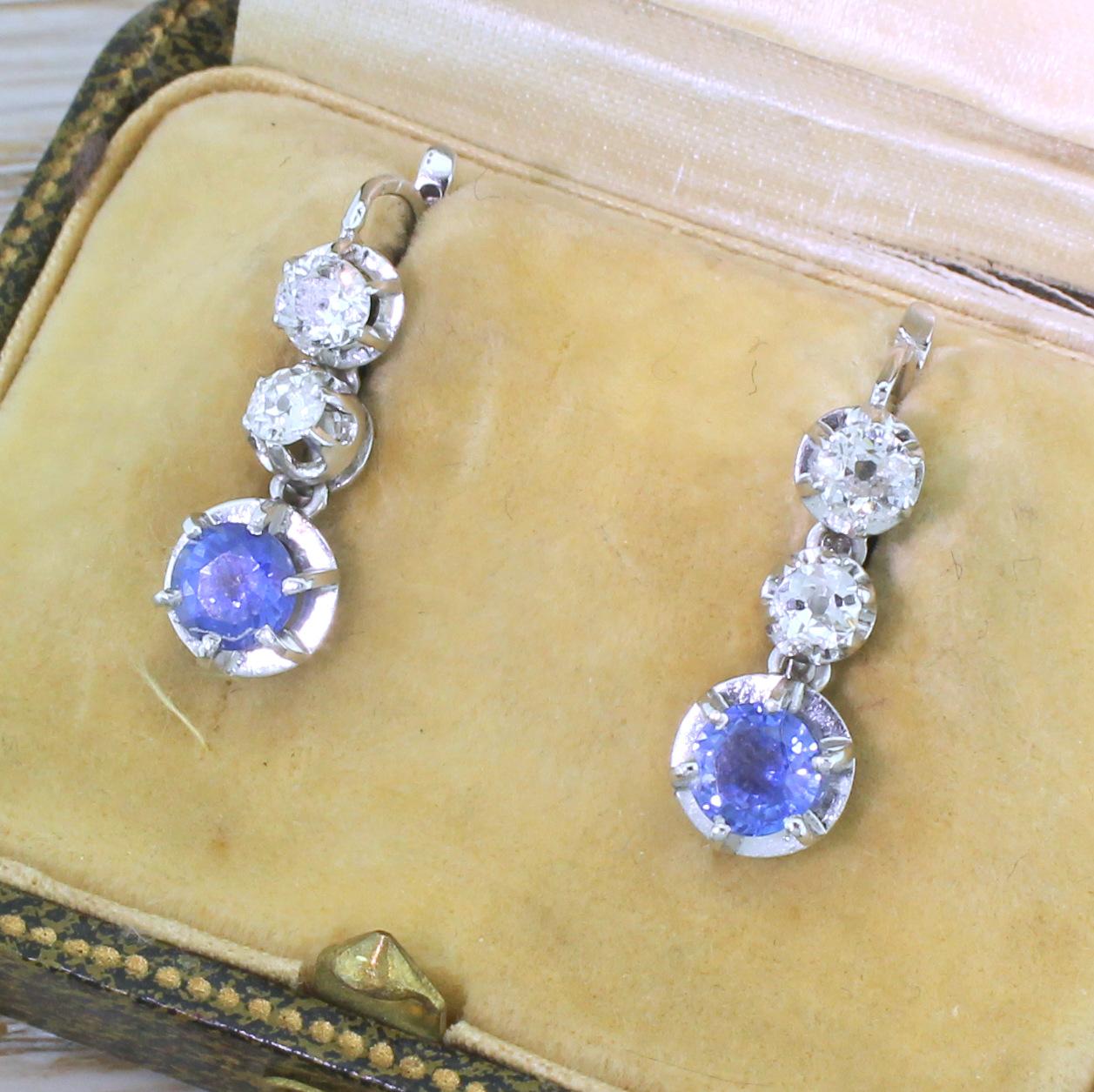 Art Deco Sapphire and Carat Old Cut Diamond Drop Earrings 3