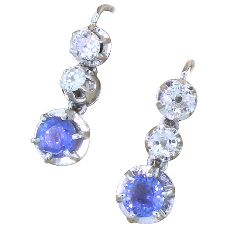 Art Deco Sapphire and Carat Old Cut Diamond Drop Earrings