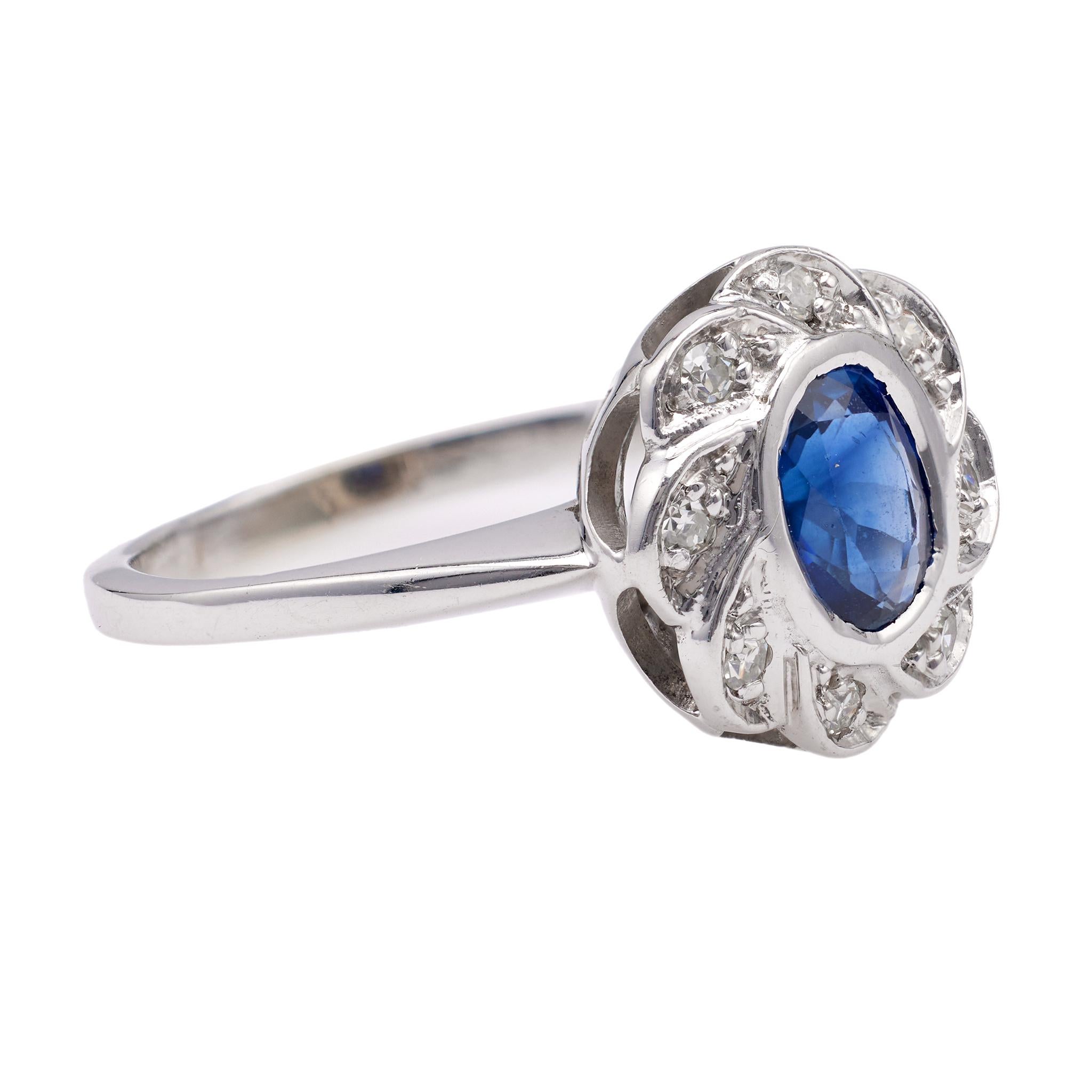 Women's or Men's Art Deco Sapphire and Diamond 14k White Gold Cluster Ring For Sale