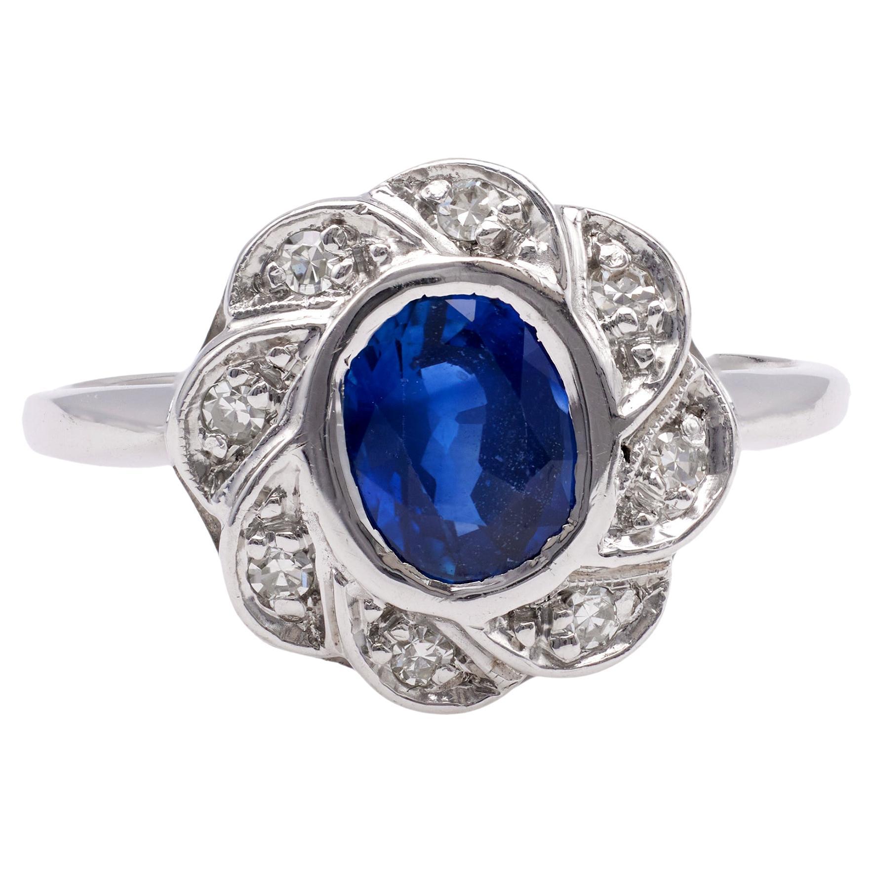 Art Deco Sapphire and Diamond 14k White Gold Cluster Ring For Sale