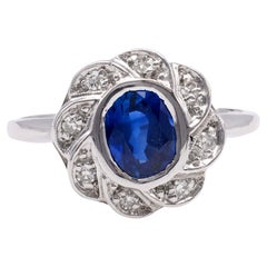 Antique Art Deco Sapphire and Diamond 14k White Gold Cluster Ring