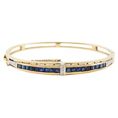 Antique Art Deco Sapphire and Diamond 14k Yellow Gold Hinged Bangle Bracelet