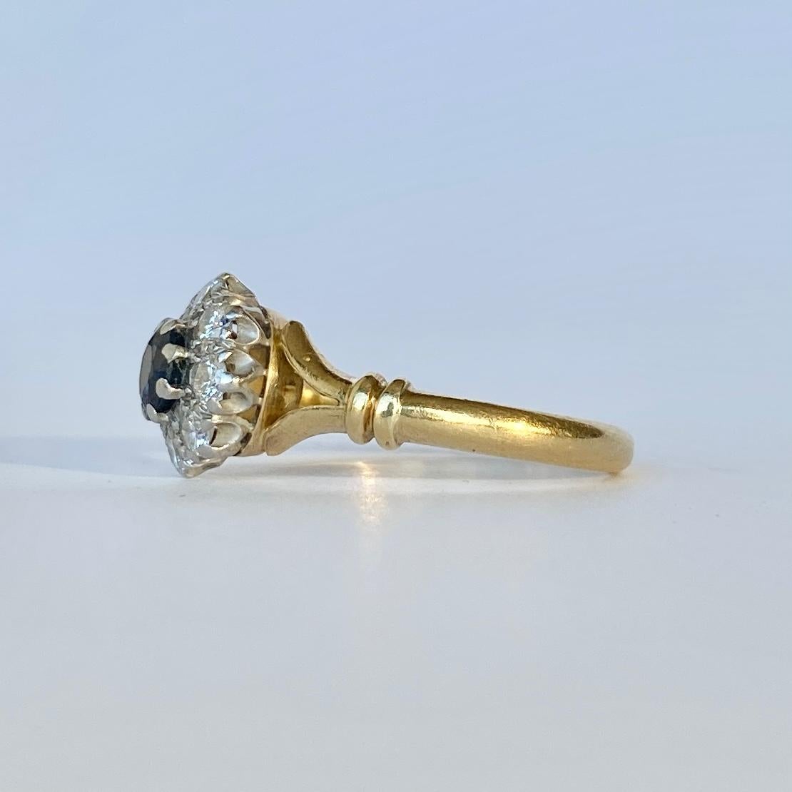 Round Cut Art Deco Sapphire and Diamond 18 Carat and Platinum Cluster Ring