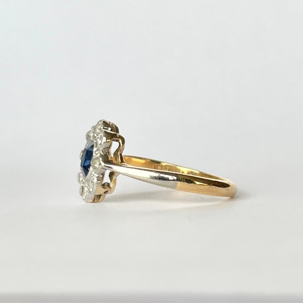 Anello a grappolo Art Deco con zaffiro e diamante da 18 carati e platino In condizioni buone in vendita a Chipping Campden, GB