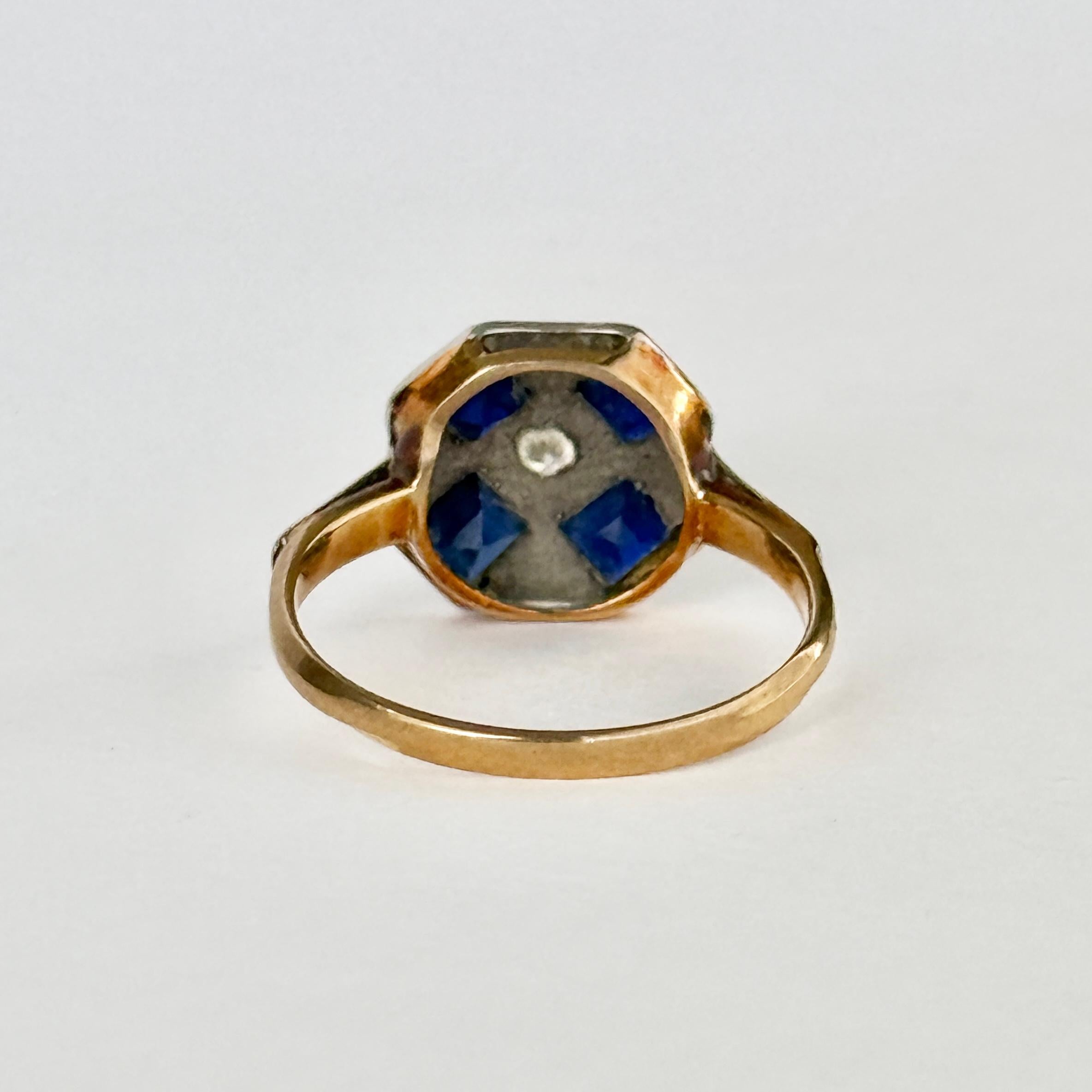 Art Deco Saphir und Diamant 18 Karat Gold und Platin Cluster Panel Ring im Zustand „Gut“ im Angebot in Chipping Campden, GB