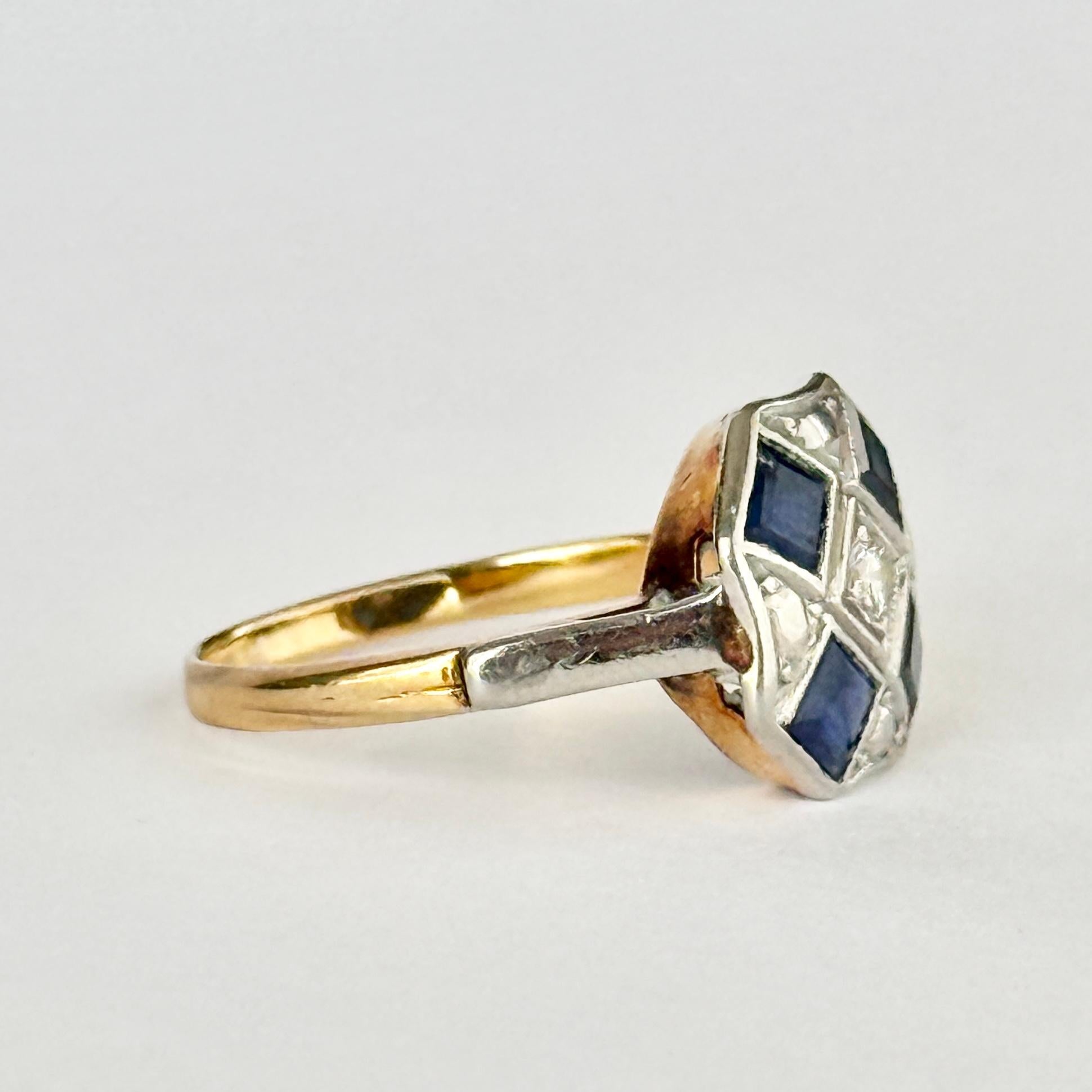 Art Deco Saphir und Diamant 18 Karat Gold und Platin Cluster Panel Ring Damen im Angebot