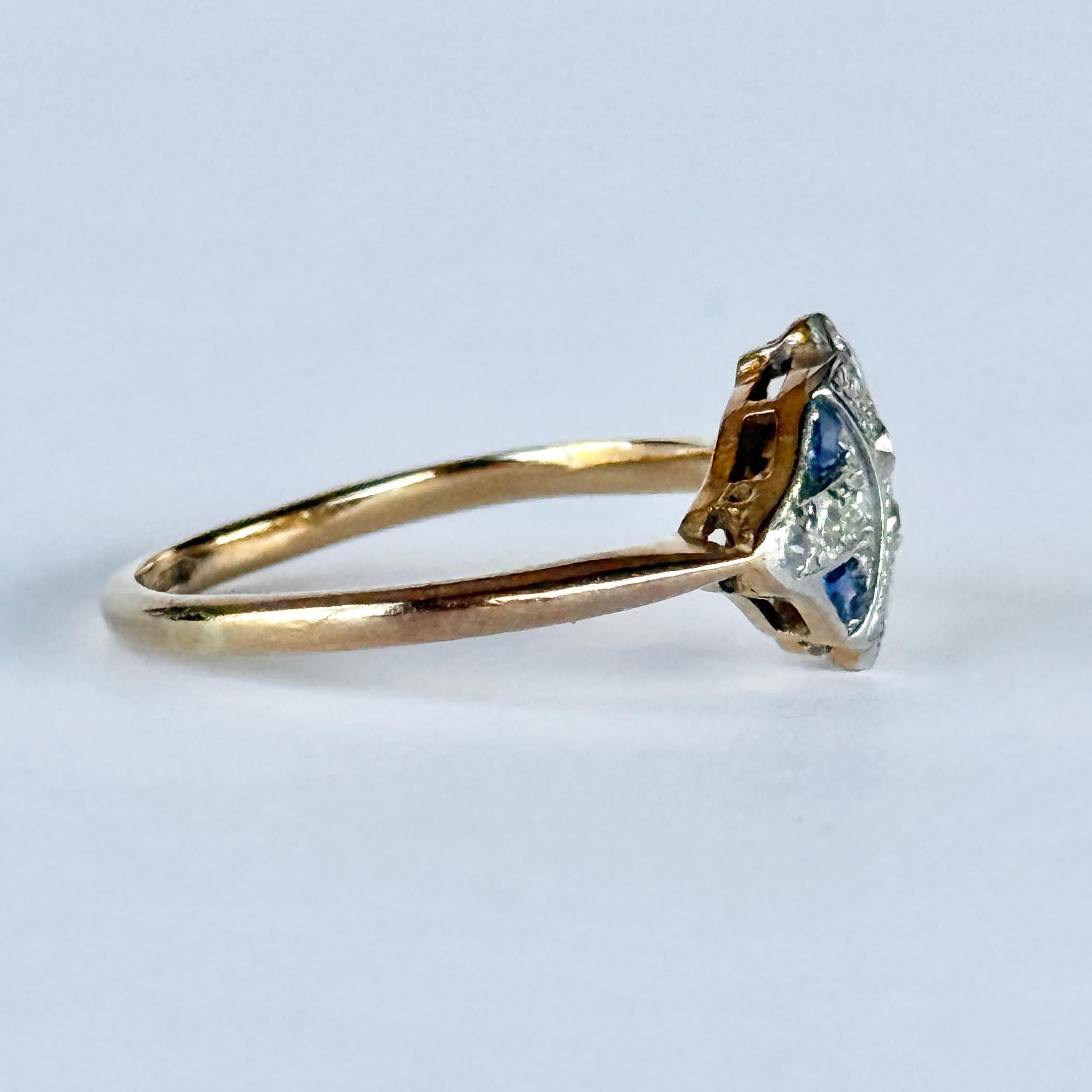 Art Deco Saphir und Diamant 18 Karat Gold und Platin Cluster Panel Ring Damen im Angebot