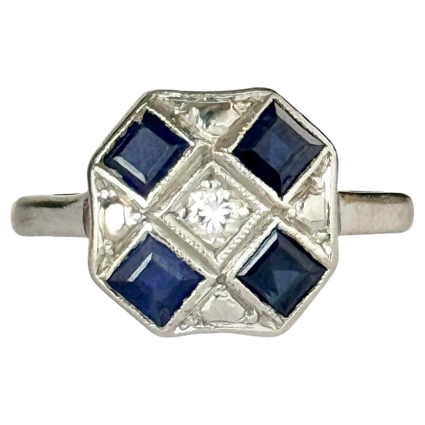Art Deco Saphir und Diamant 18 Karat Gold und Platin Cluster Panel Ring im Angebot