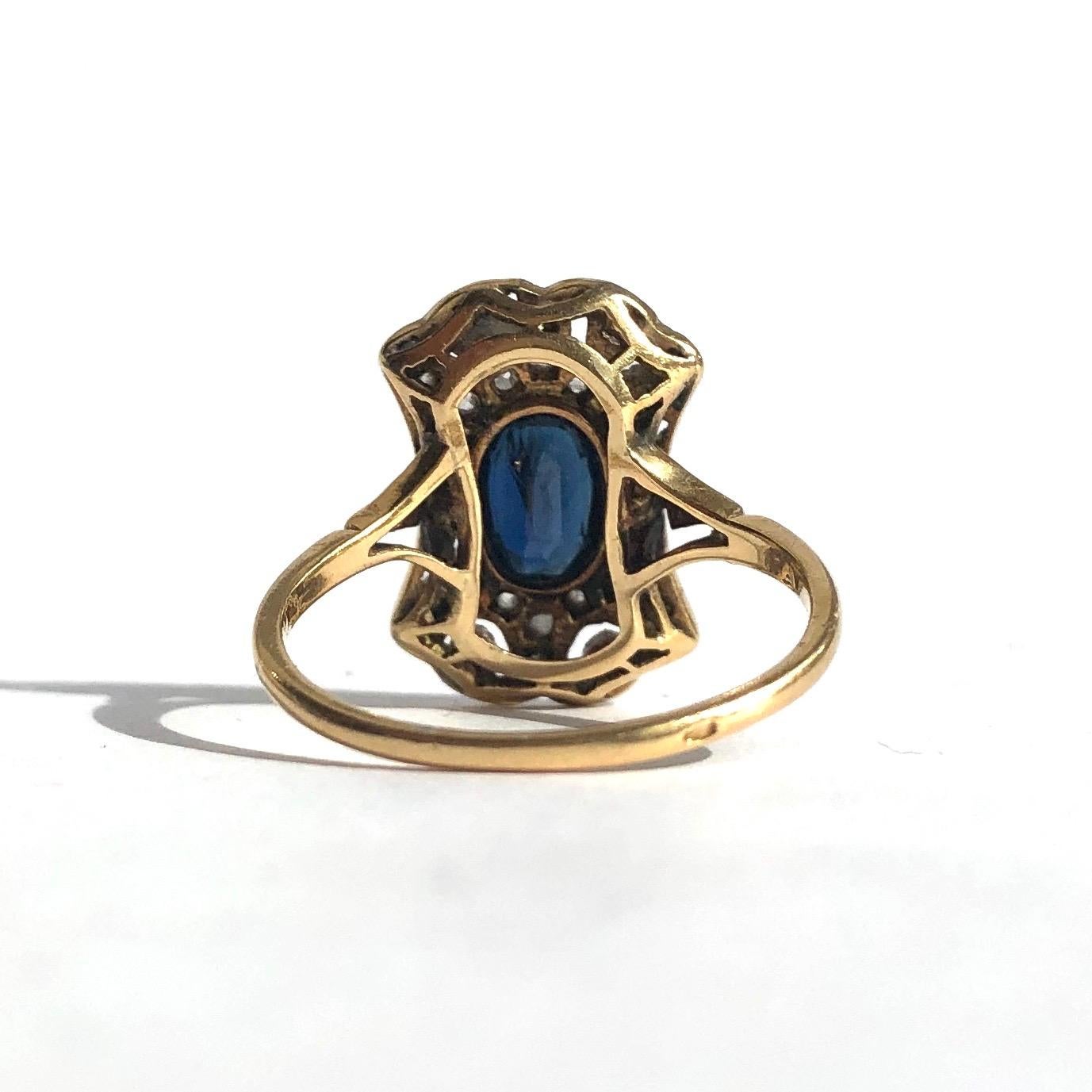 Rose Cut Art Deco Sapphire and Diamond 18 Carat Gold and Platinum Panel Ring
