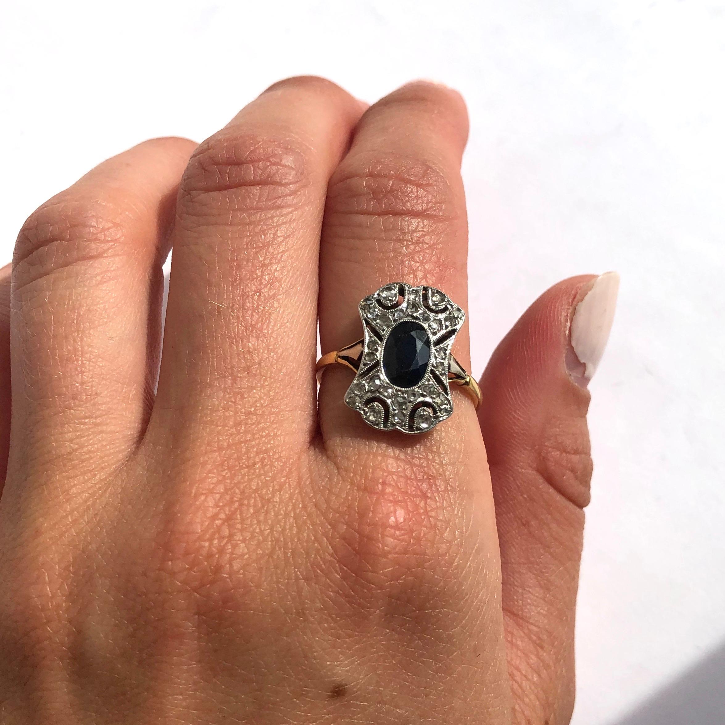 Women's Art Deco Sapphire and Diamond 18 Carat Gold and Platinum Panel Ring