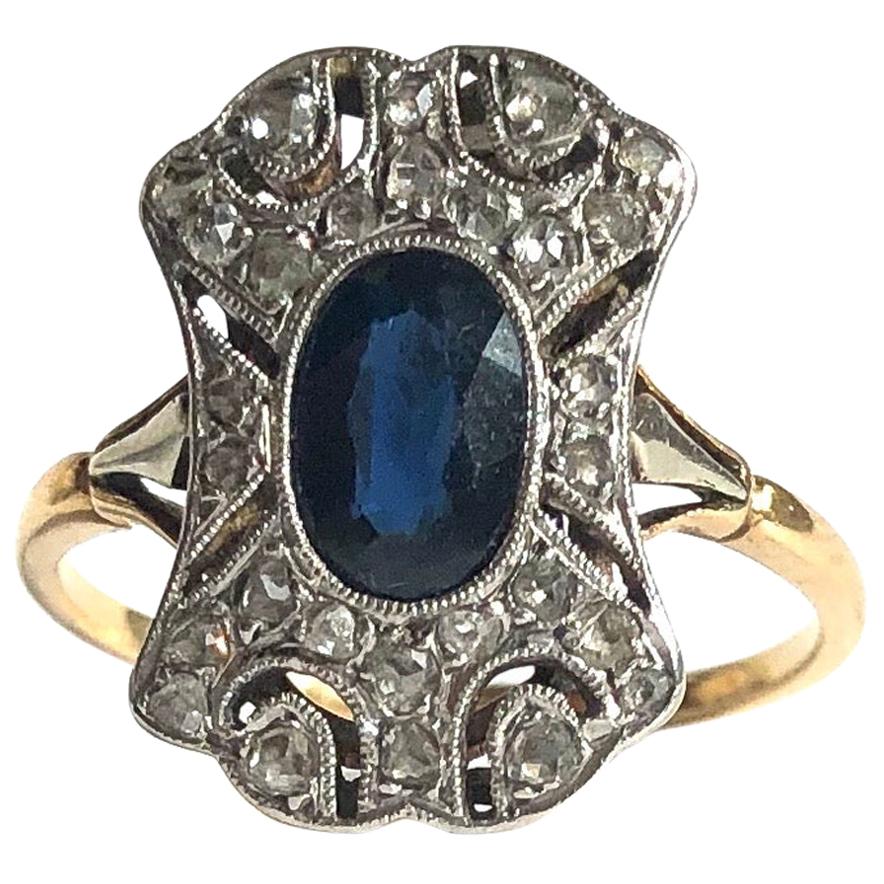 Art Deco Sapphire and Diamond 18 Carat Gold and Platinum Panel Ring