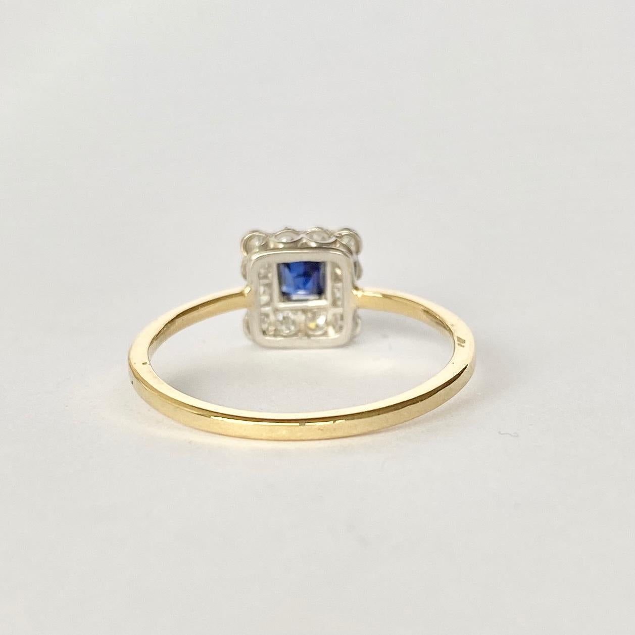 Square Cut Art Deco Sapphire and Diamond 18 Carat Gold Cluster Ring