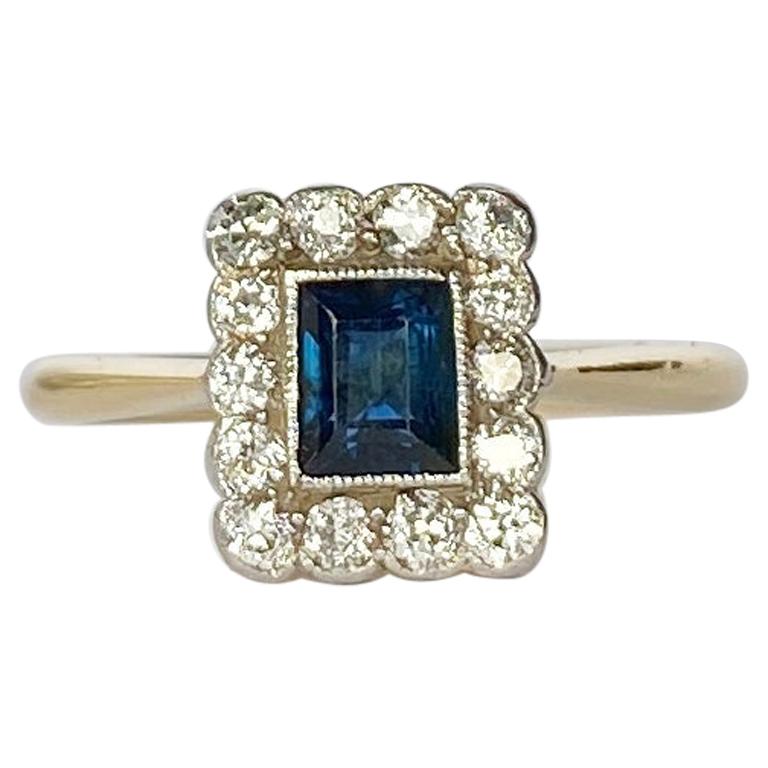 Art Deco Saphir und Diamant 18 Karat Gold Cluster-Ring