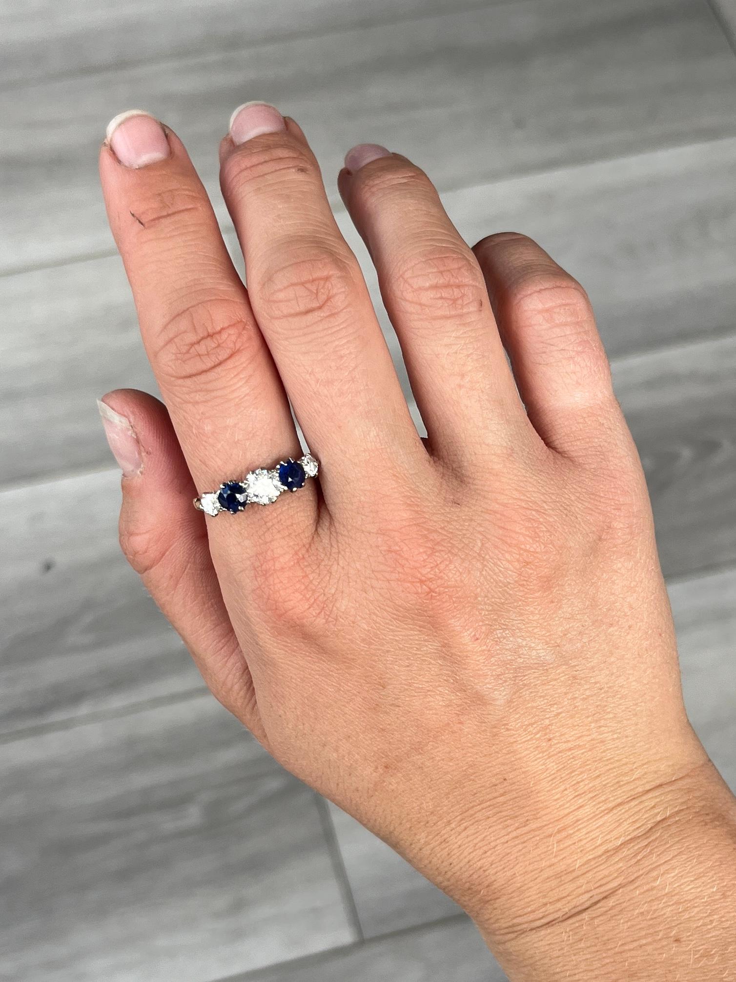 Round Cut Art Deco Sapphire and Diamond 18 Carat Gold Five-Stone Ring For Sale