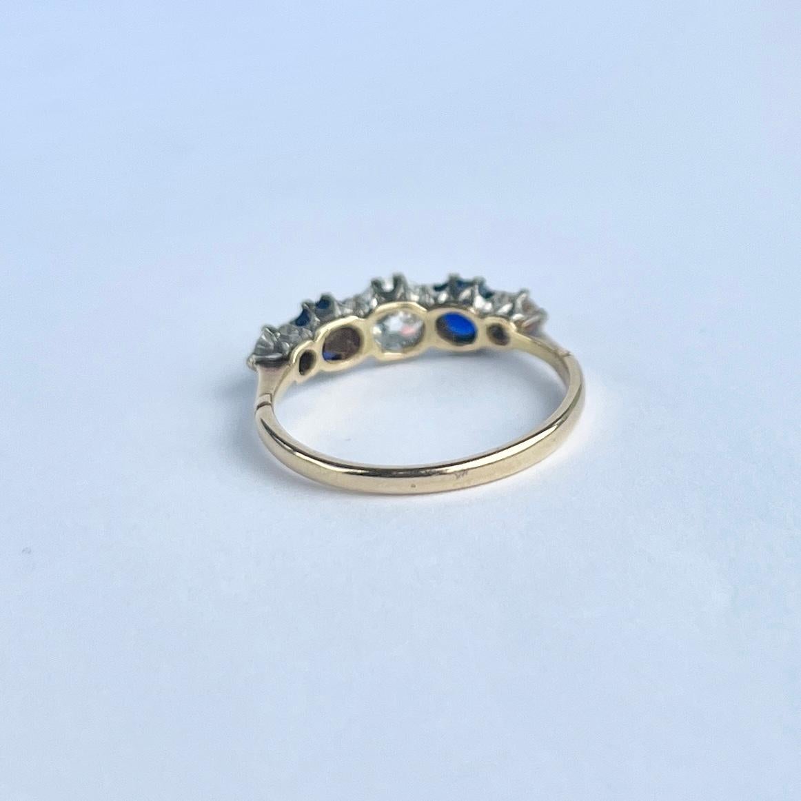Women's Art Deco Sapphire and Diamond 18 Carat Gold Five-Stone Ring For Sale