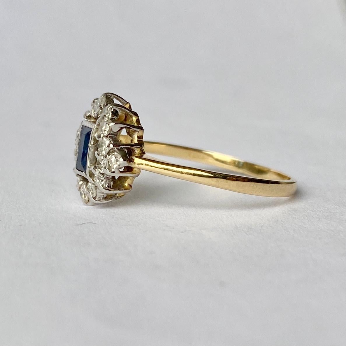 Emerald Cut Art Deco Sapphire and Diamond 18 Carat Gold Panel Ring