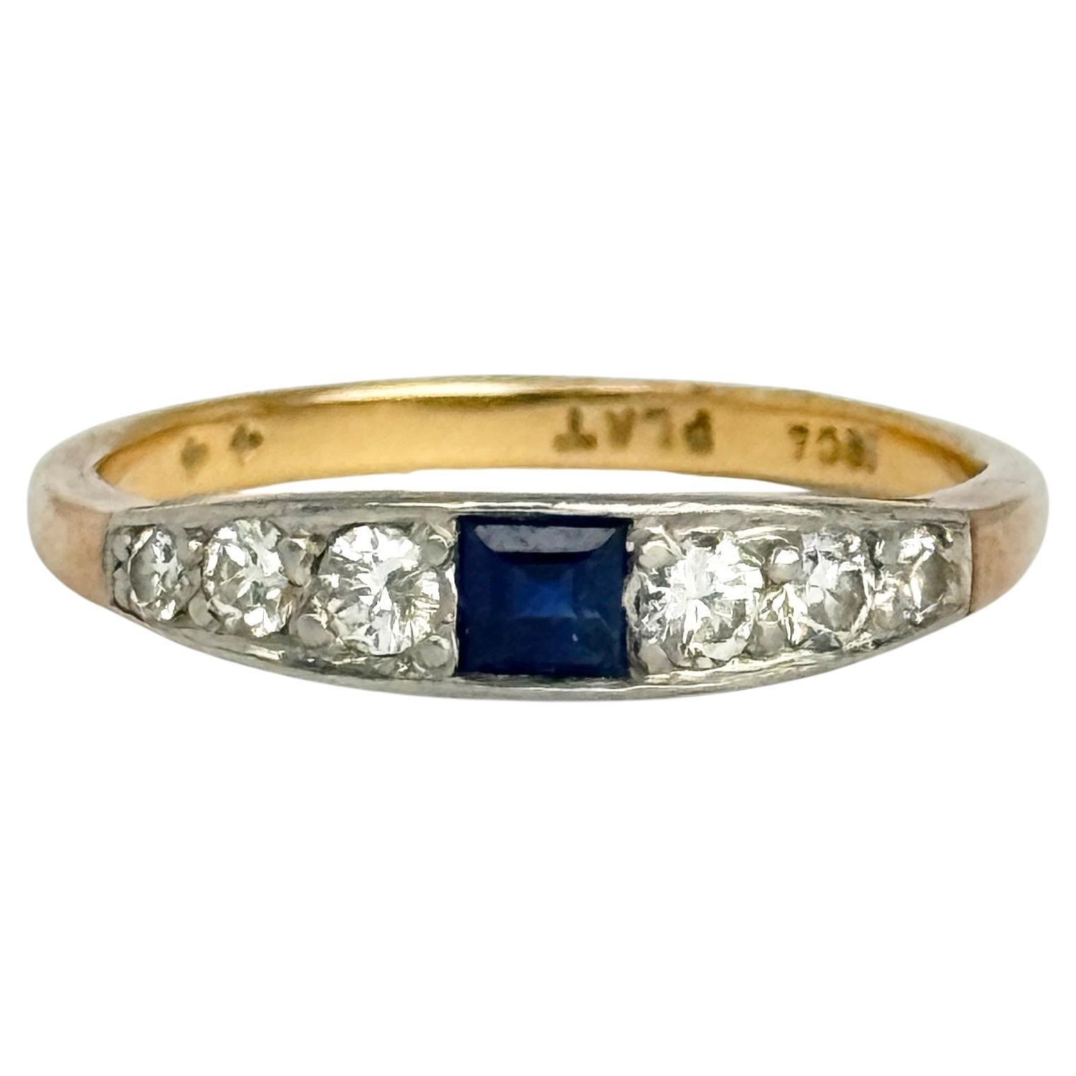 Fascia a sette pietre in oro 18 carati con zaffiri e diamanti Art Deco in vendita