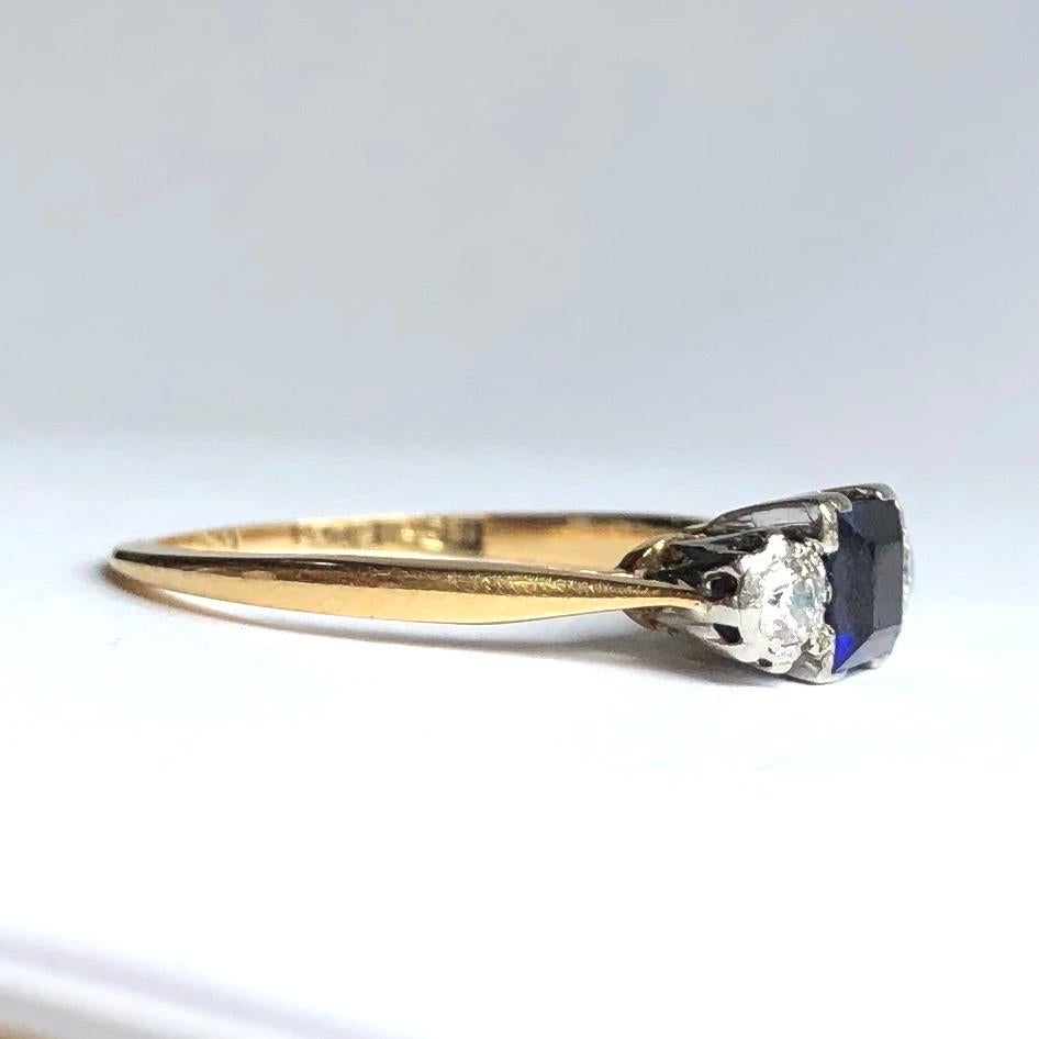 At centre of this three stone ring there is a gorgeous bright blue sapphire and sat either side is a bright sparkling diamond. The sapphire measures 50pts and the diamonds measure 10pts each and are set in platinum.

Ring Size: M or 6 1/4
Widest