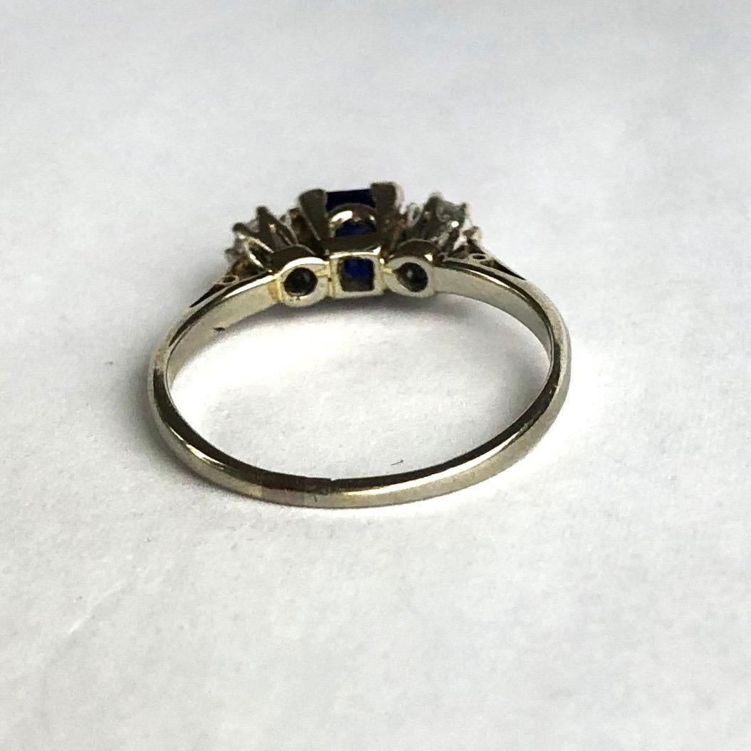 Square Cut Art Deco Sapphire and Diamond 18 Carat Gold Three-Stone Ring For Sale