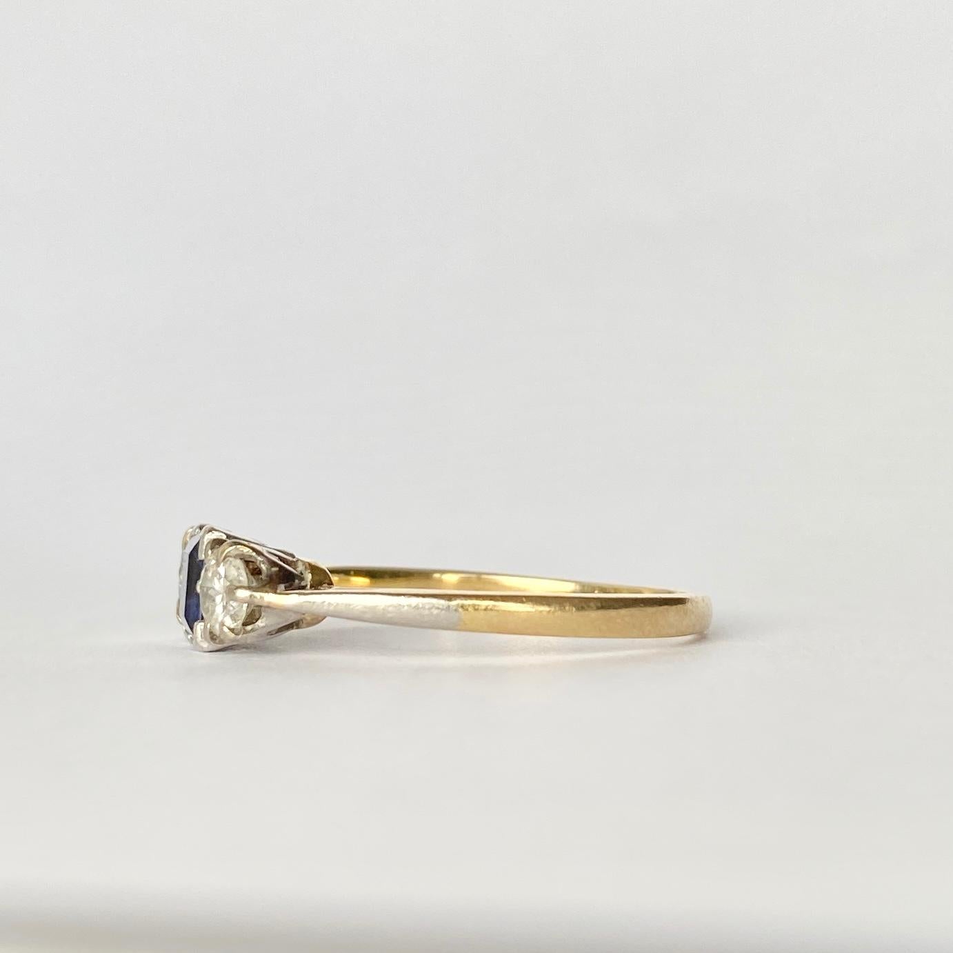 Square Cut Art Deco Sapphire and Diamond 18 Carat Gold Three-Stone Ring