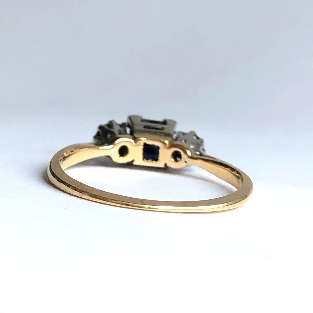 Square Cut Art Deco Sapphire and Diamond 18 Carat Gold Three-Stone Ring For Sale