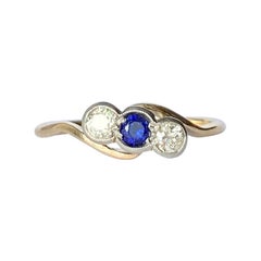 Art Deco Sapphire and Diamond 18 Carat Gold Three-Stone Ring