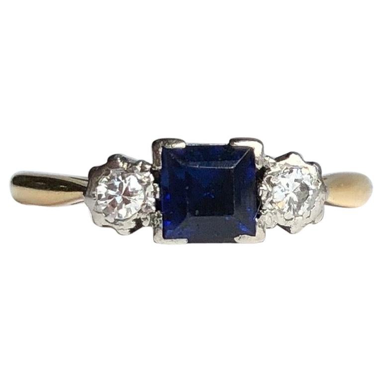 Art Deco Sapphire and Diamond 18 Carat Gold Three-Stone Ring For Sale