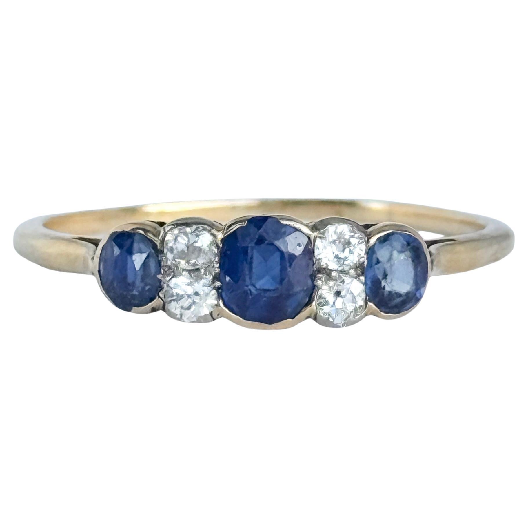 Art Deco Sapphire and Diamond 18 Carat Gold Three Stone Ring For Sale