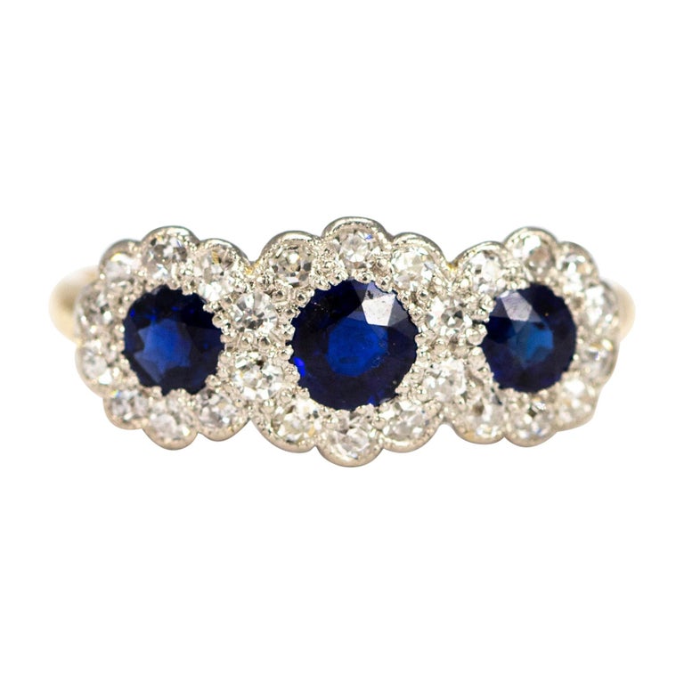 Art Deco Sapphire and Diamond 18 Carat Gold Triple Cluster Ring at 1stDibs