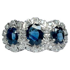 Art Deco Sapphire and Diamond 18 Carat Gold Triple Cluster Ring