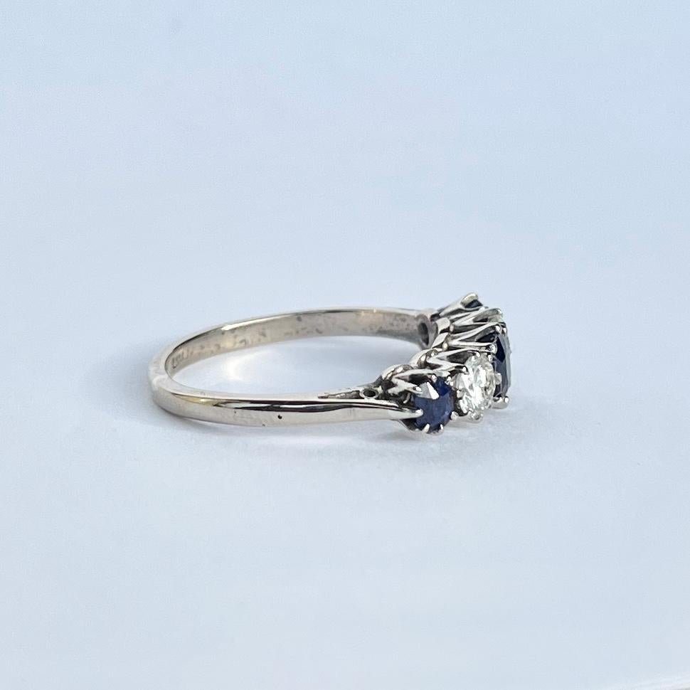 Art Deco Sapphire and Diamond 18 Carat White Gold Five-Stone Ring In Good Condition For Sale In Chipping Campden, GB