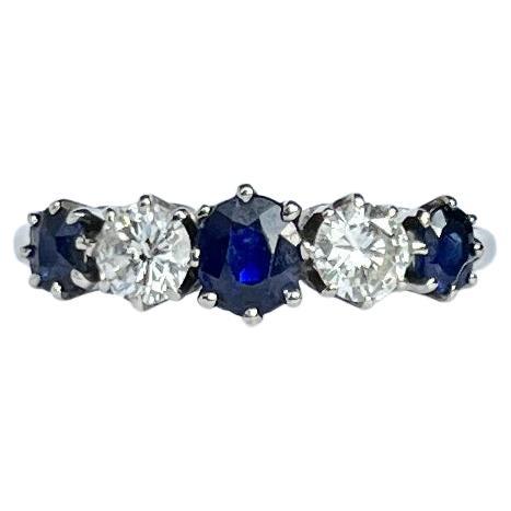 Art Deco Sapphire and Diamond 18 Carat White Gold Five-Stone Ring For Sale
