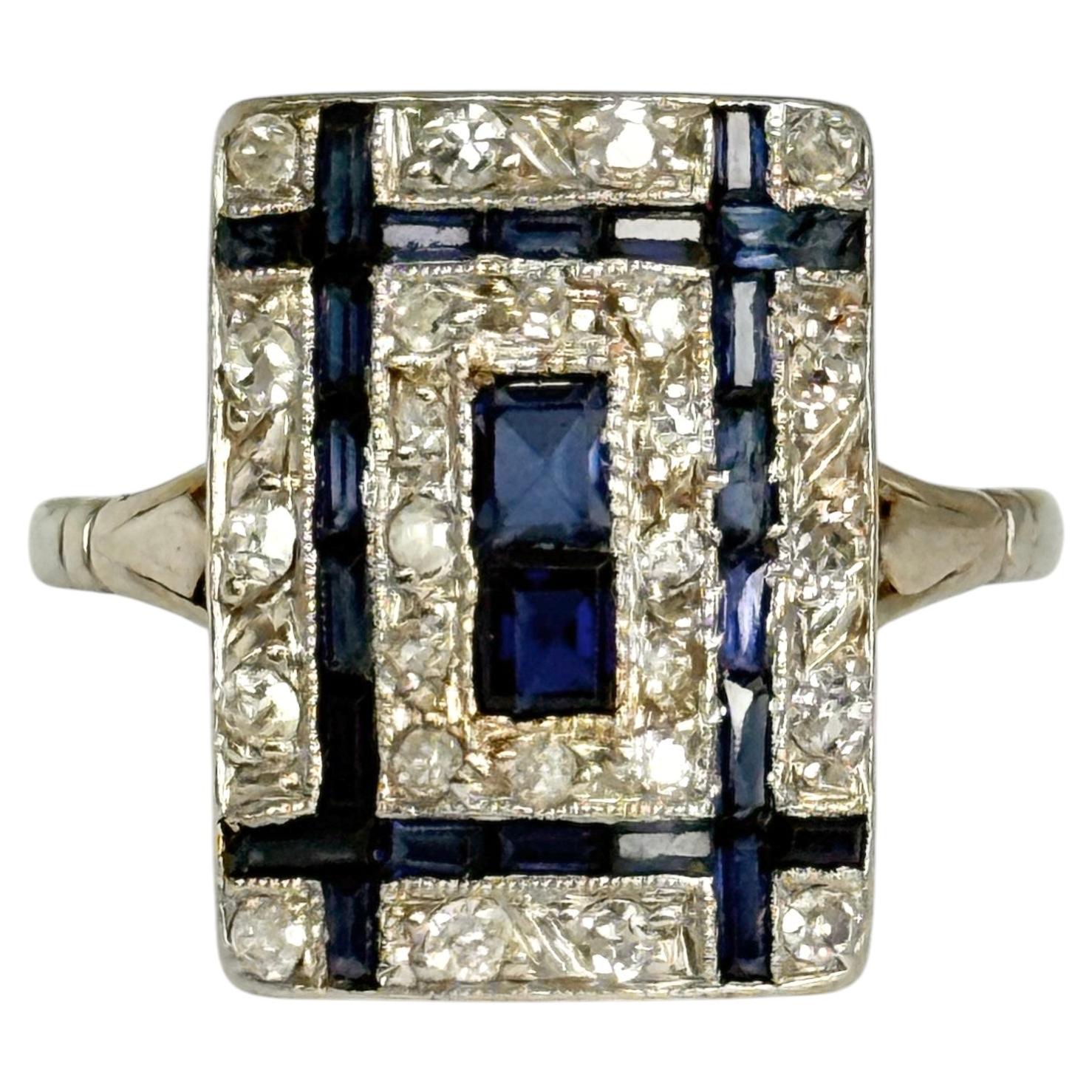 Art Deco Sapphire and Diamond 18 Carat White Gold Panel Ring