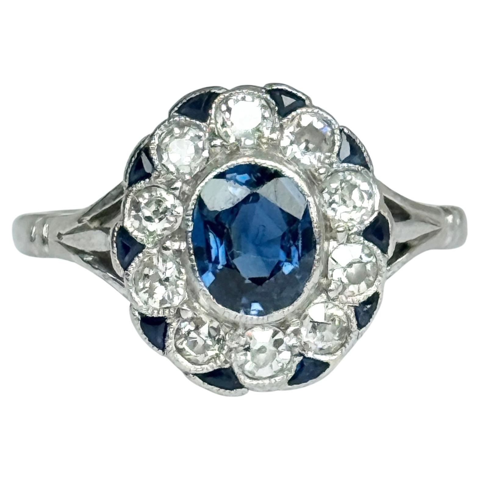 Art Deco Sapphire and Diamond 18 Carat White Gold Panel Ring