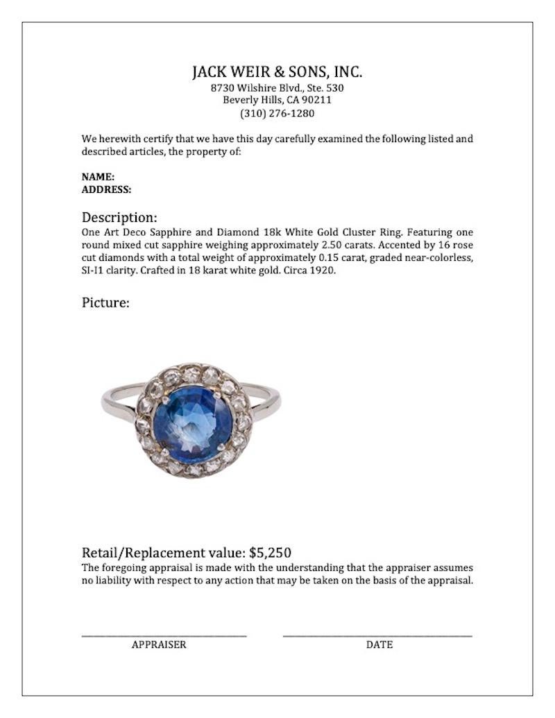 Art Deco Sapphire and Diamond 18k White Gold Cluster Ring For Sale 2