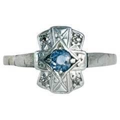 Art Deco Sapphire and Diamond 9 Carat Gold and Platinum Panel Ring