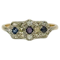 Bague à triple grappe Art déco en or 9 carats avec saphirs et diamants