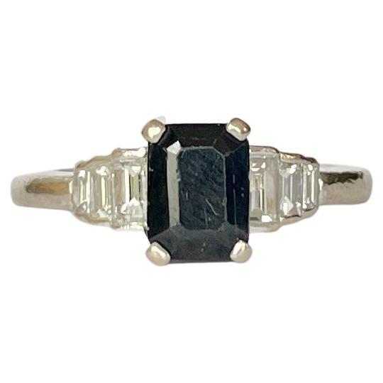 Art Deco Sapphire and Diamond and 18 Carat White Gold Ring For Sale