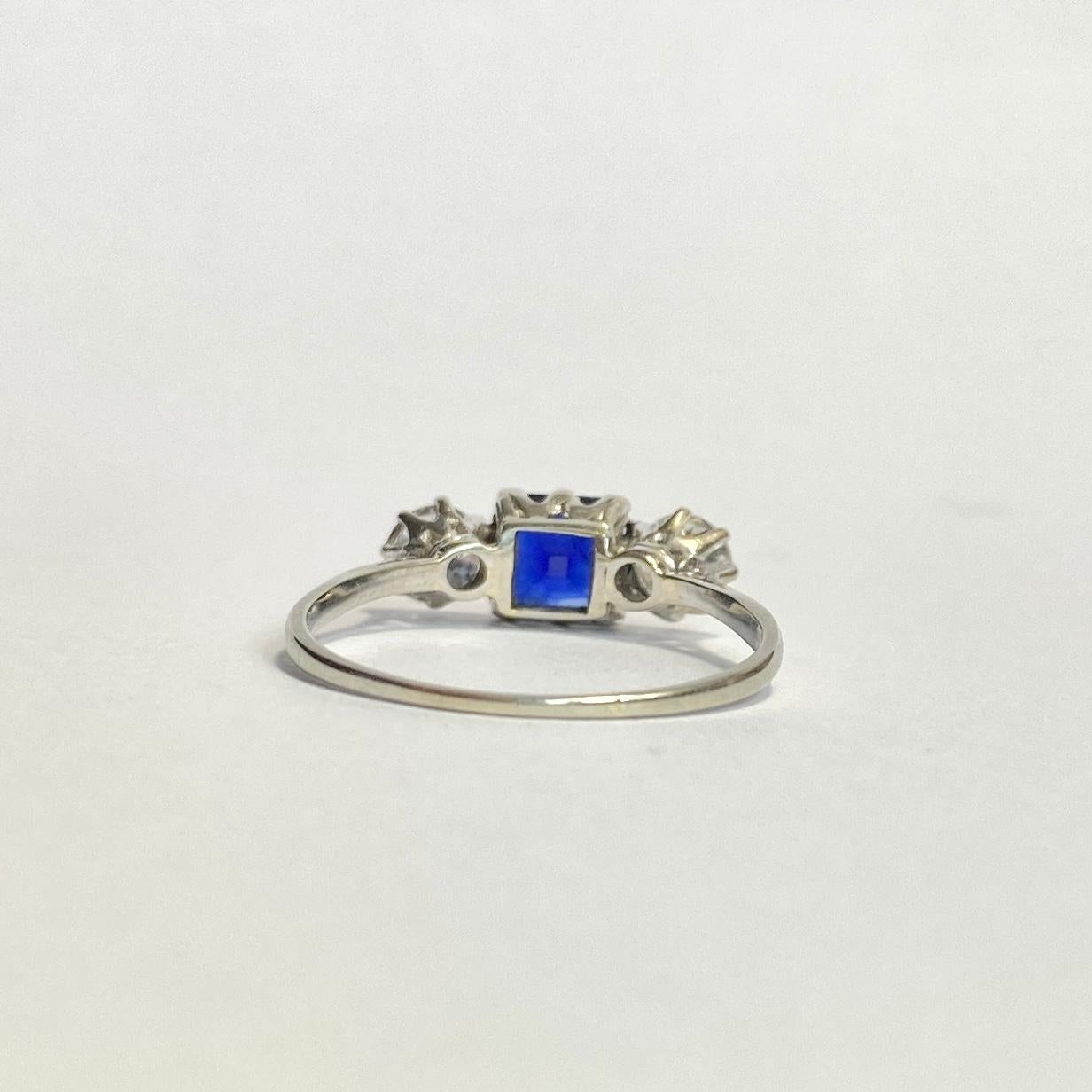Women's Art Deco Sapphire and Diamond and Platinum Three-Stone Ring For Sale